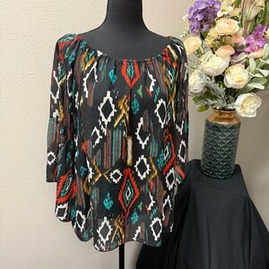 Miss Couture Boho Blouse M Black Aztec Print Sheer Peasant Top Festival Fall